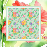 Floral pattern with colorful flowers on a light green background, surrounded by watercolor flowers.